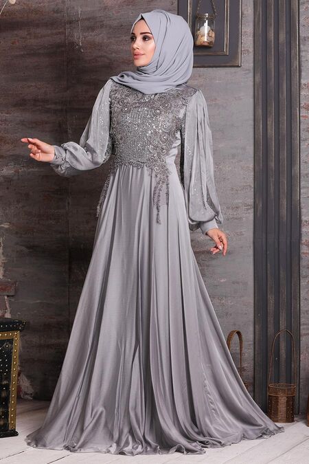 Grey Hijab Evening Dress Gr Neva Style