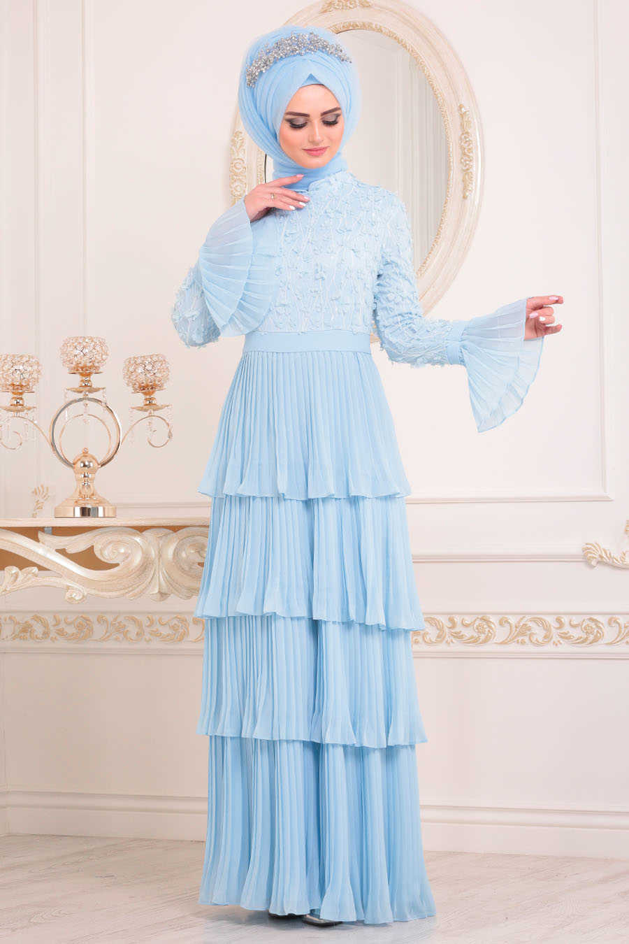 Neva Style Baby Blue Hijab Evening Dress 8439BM Neva