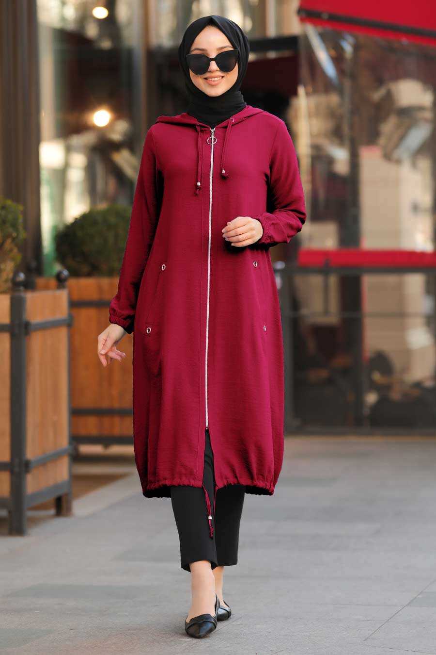 Claret Red Hijab Coat 10045BR - Neva-style.com