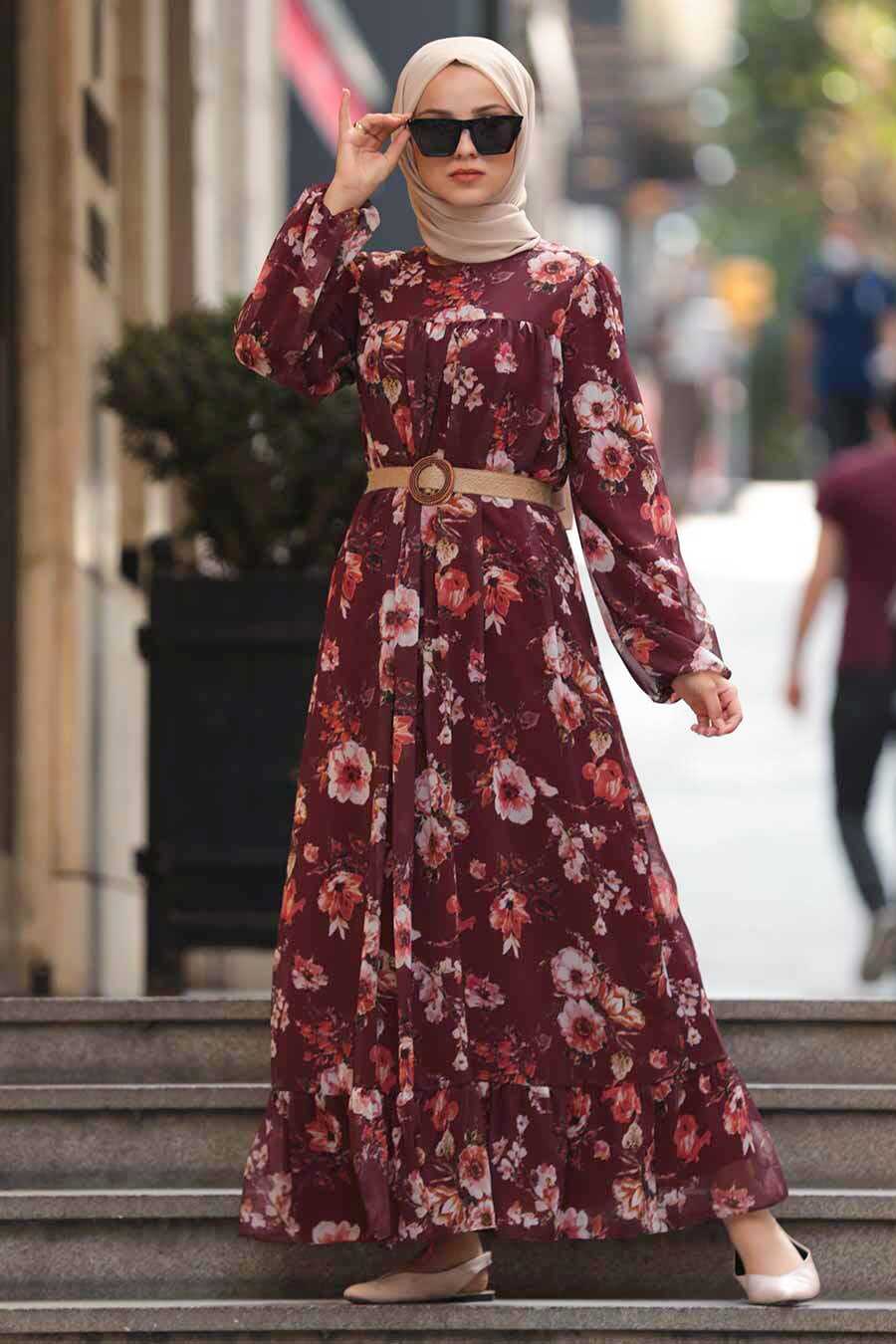 Claret Red Hijab Dress 51490BR - Neva-style.com