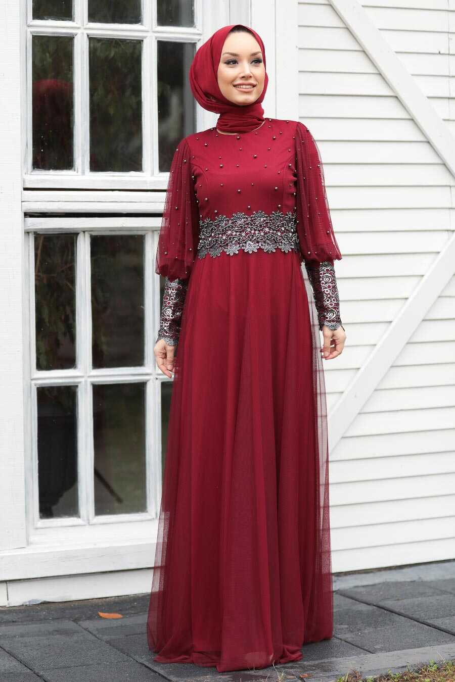 Claret Red Hijab Evening Dress 50110BR - Neva-style.com