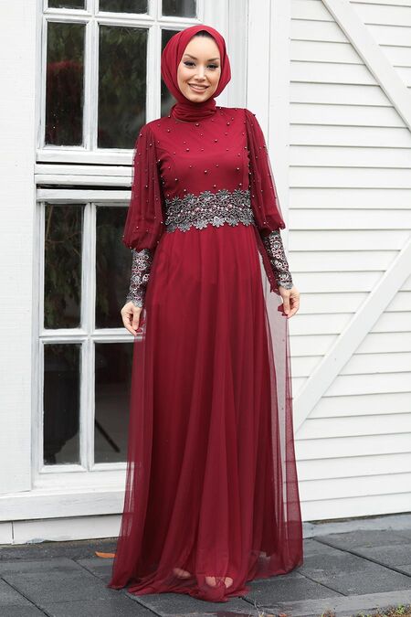 Claret Red Hijab Evening Dress 50110BR - Neva-style.com