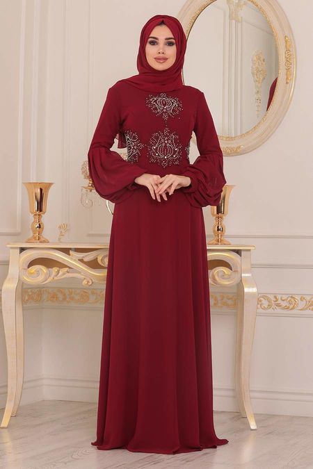 Claret Red Hijab Evening Dress 9119BR - Neva-style.com