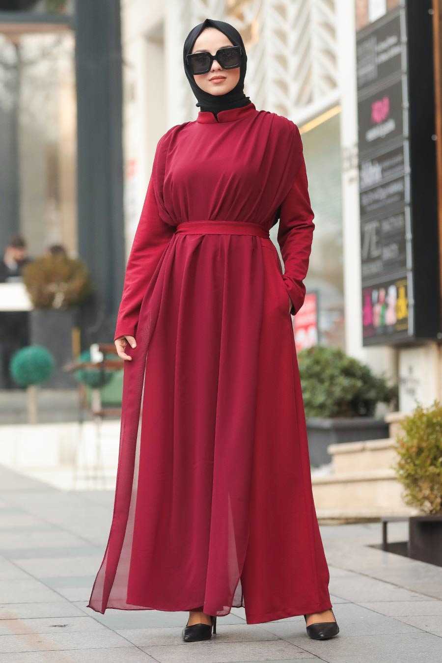 Claret Red Hijab Evening Jumpsuit 51182BR - Neva-style.com
