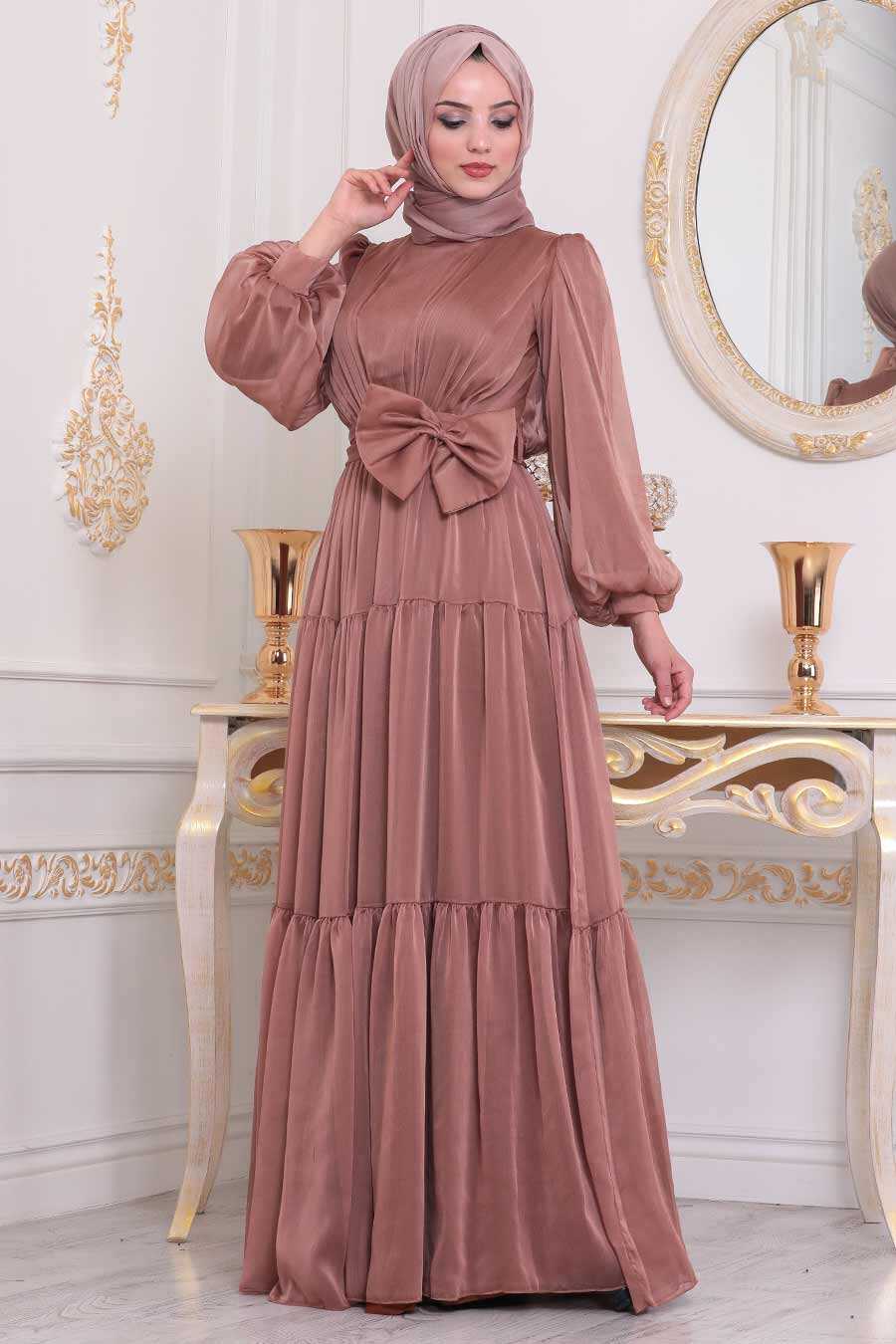 Copper Color Hijab Evening Dress 40690BKR - Neva-style.com