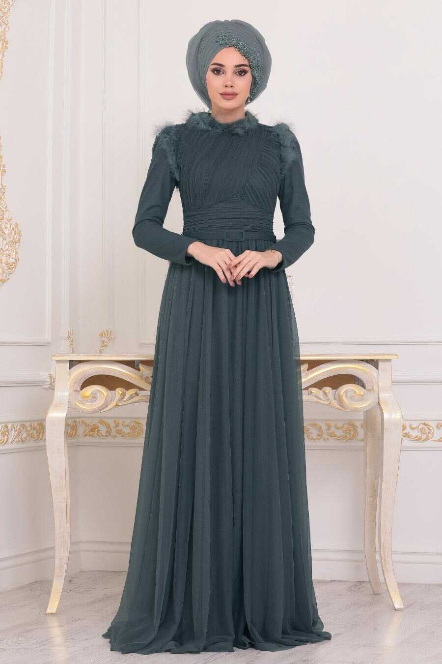 Dark Green Hijab Evening Dress 39890KY - Neva-style.com