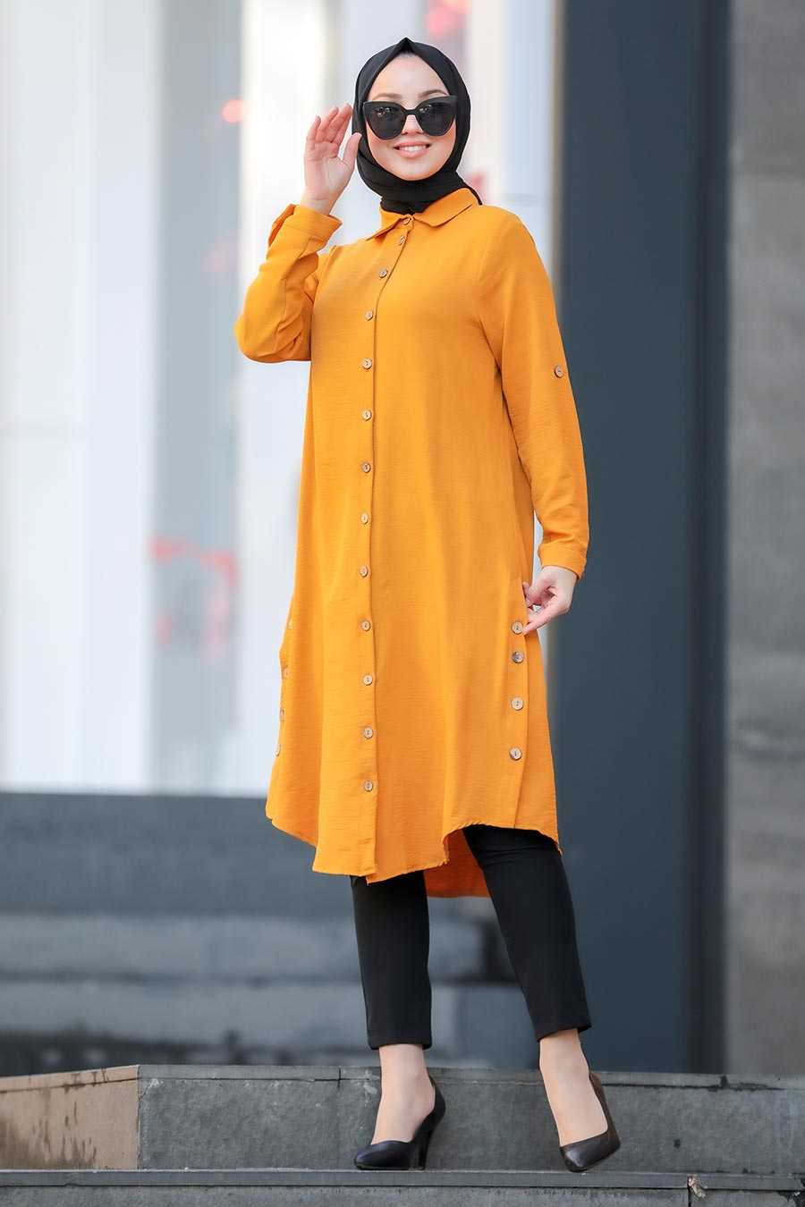 Dark Yellowish Brown Hijab Tunic 10047HR - Neva-style.com