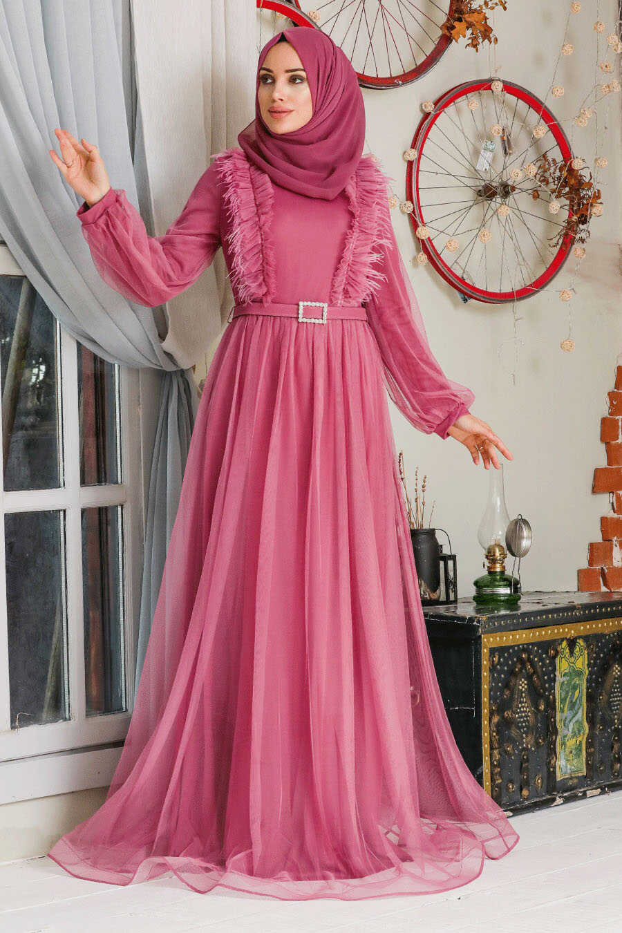 Dusty Rose Hijab Evening Dress 34801GK - Neva-style.com