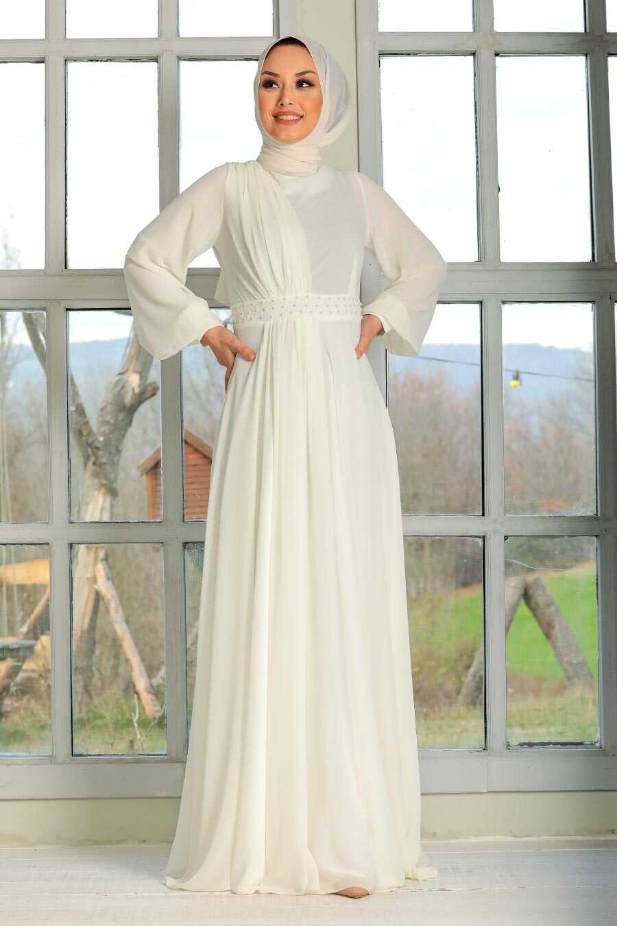 Ecru Hijab Evening Dress 54380E - Neva-style.com