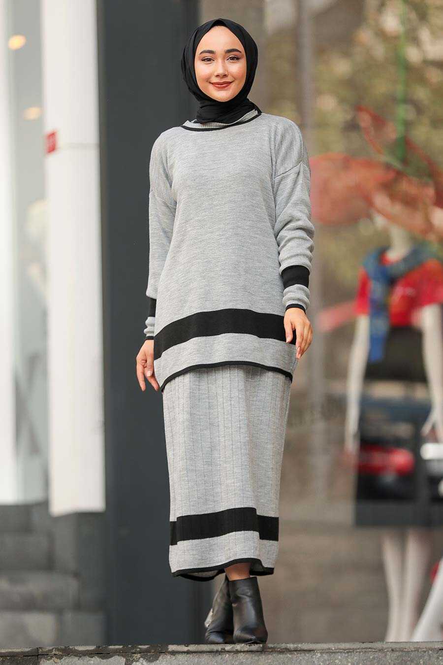 Grey Hijab Dual Suit Dress 9681GR - Neva-style.com