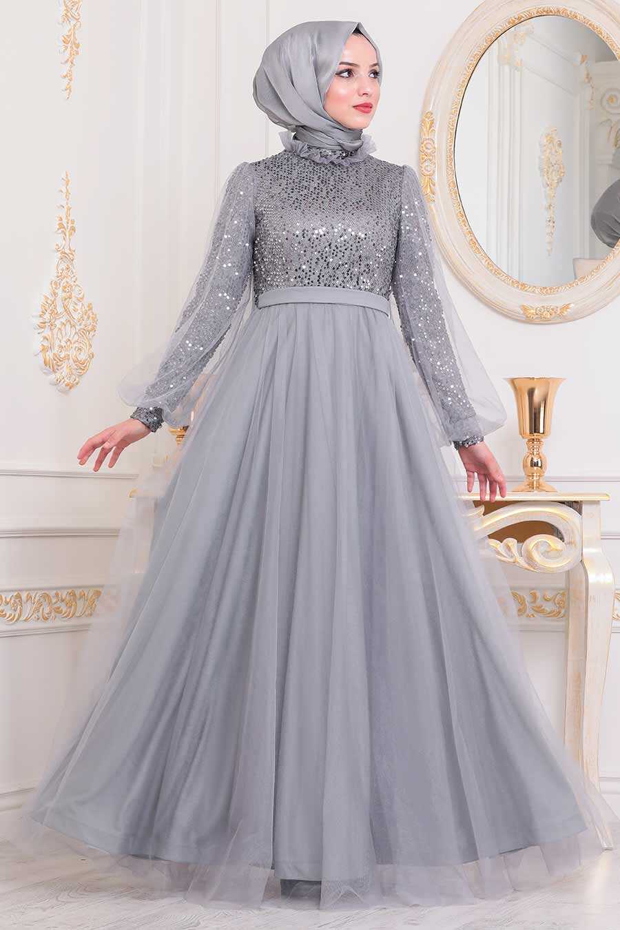 Grey Hijab Evening Dress 21740GR - Neva-style.com