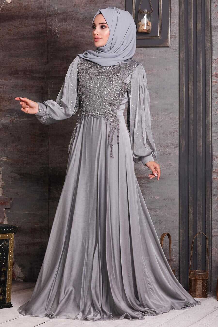 Grey Hijab Evening Dress 25775GR - Neva-style.com