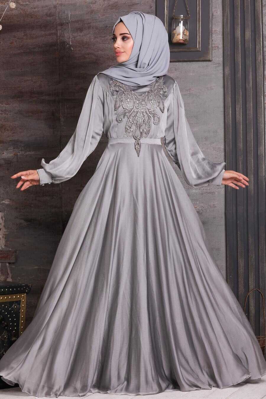 Grey Hijab Evening Dress 25777GR - Neva-style.com