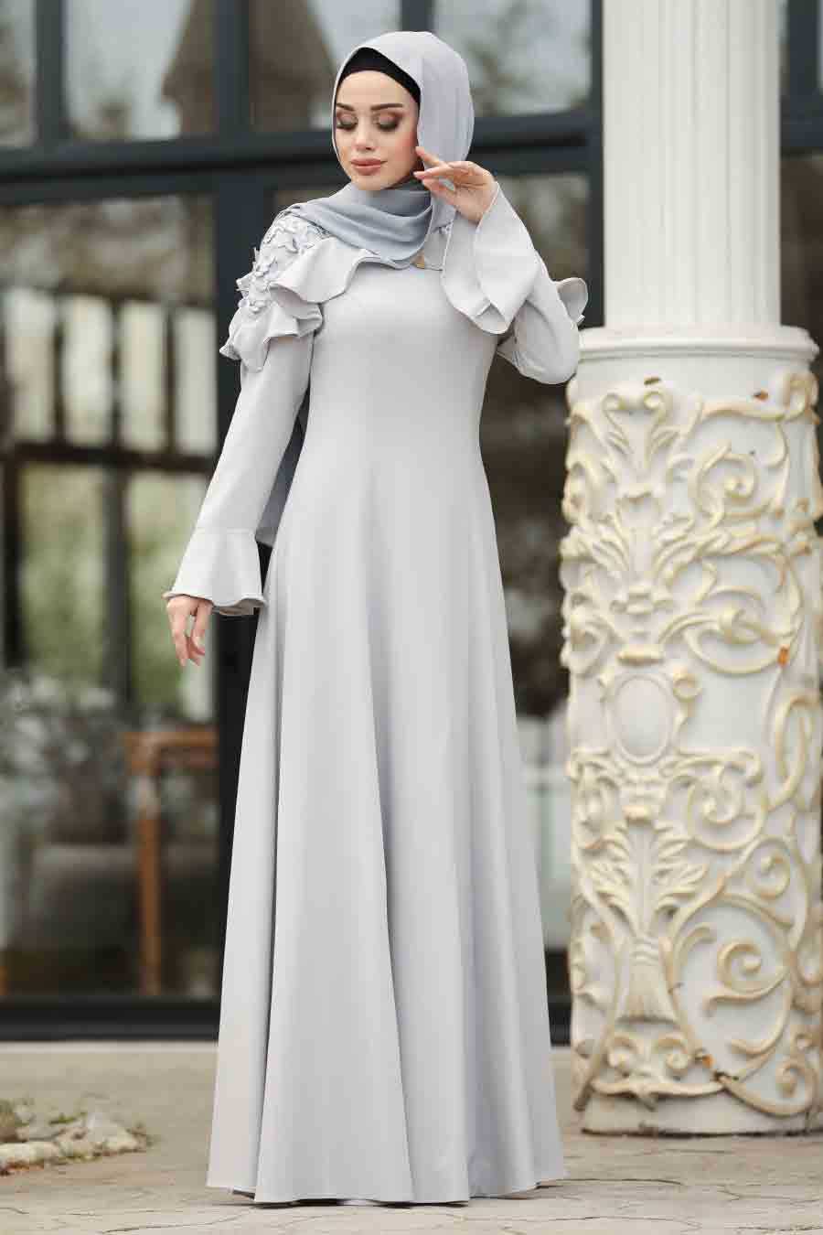 Neva Style Grey Hijab  Evening Dress  3633GR Neva style com