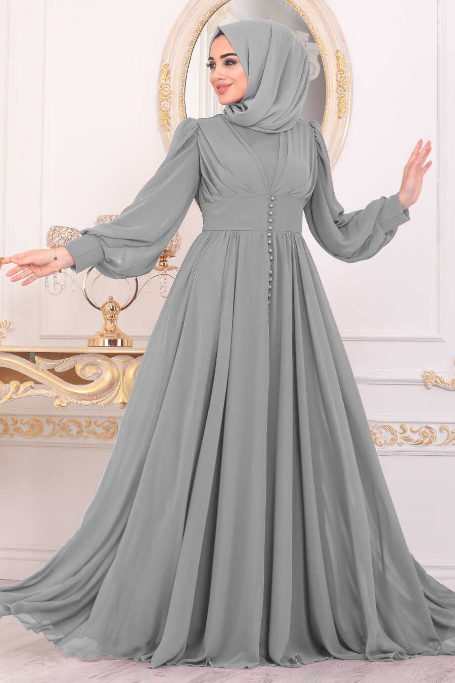 Grey Hijab Evening Dress 41011GR - Neva-style.com