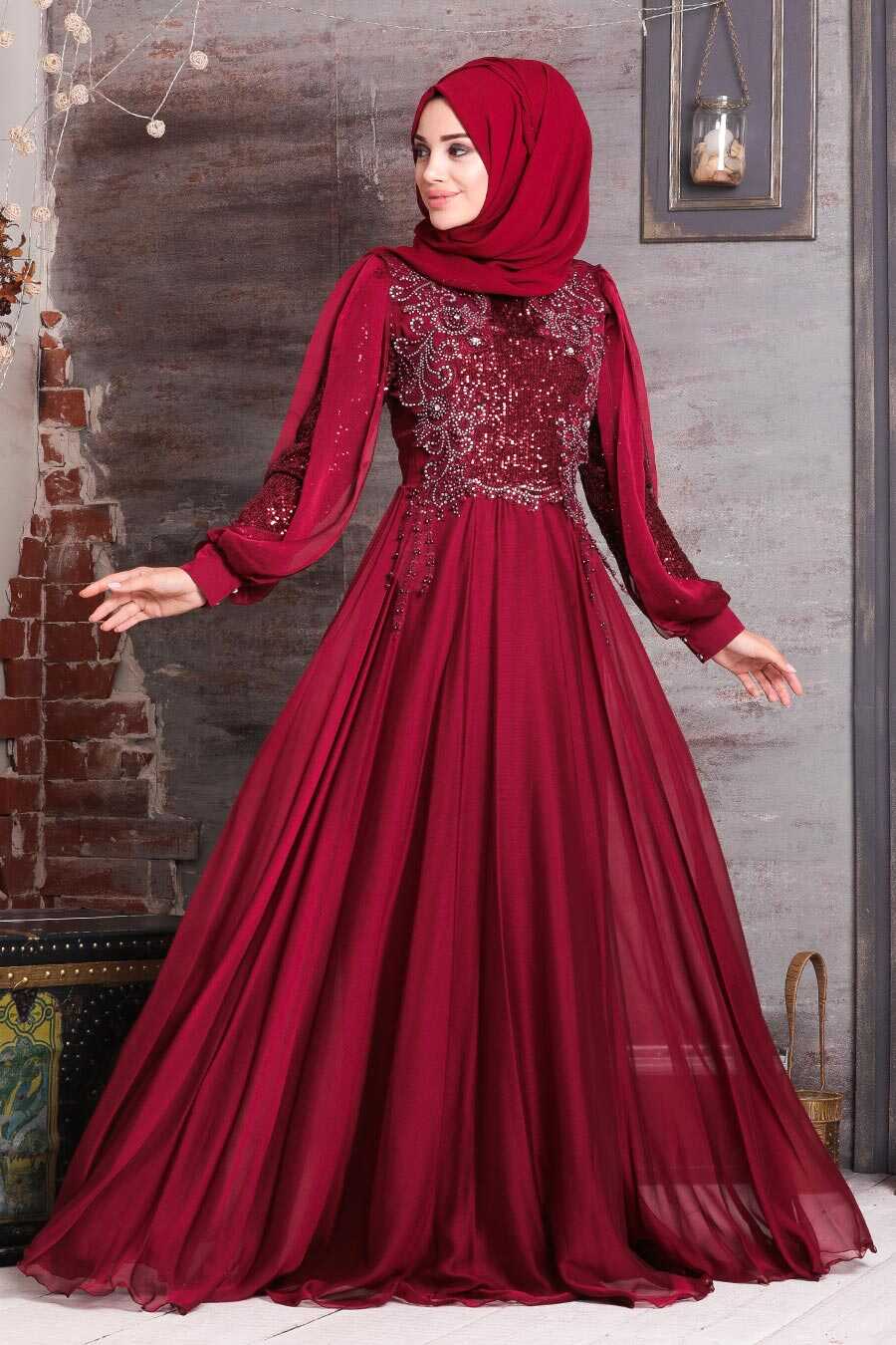 Mahogany Hijab Evening Dress 25775BR - Neva-style.com