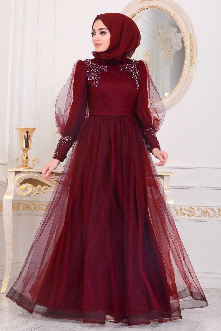 Mahogany Hijab Evening Dress 40320BR - Neva-style.com