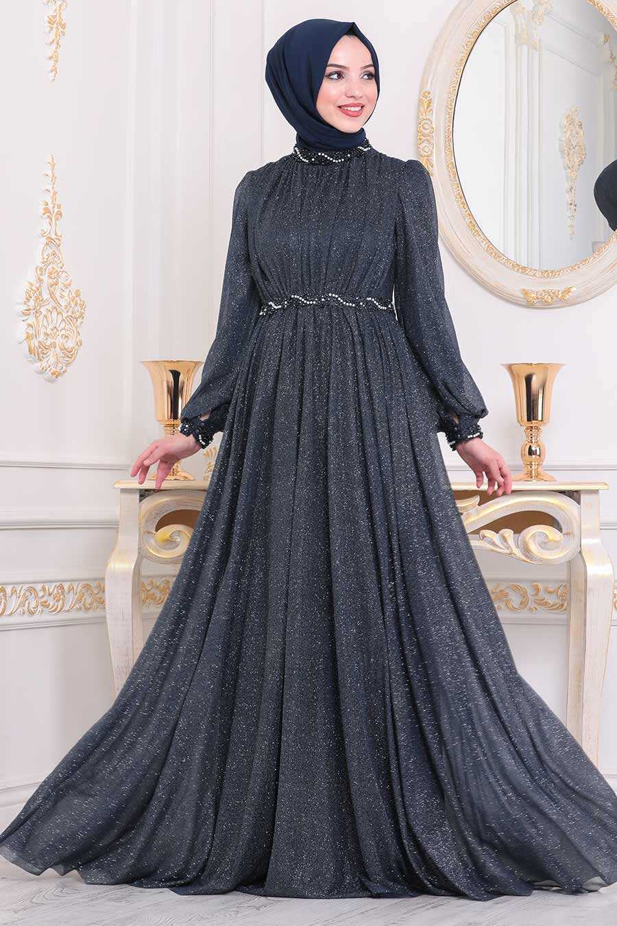 Navy Blue Hijab Evening Dress 21680L - Neva-style.com