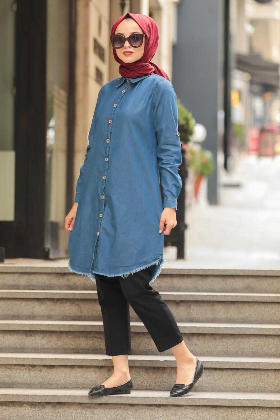 Navy Blue Hijab Jeans Tunic 5672L - Neva-style.com
