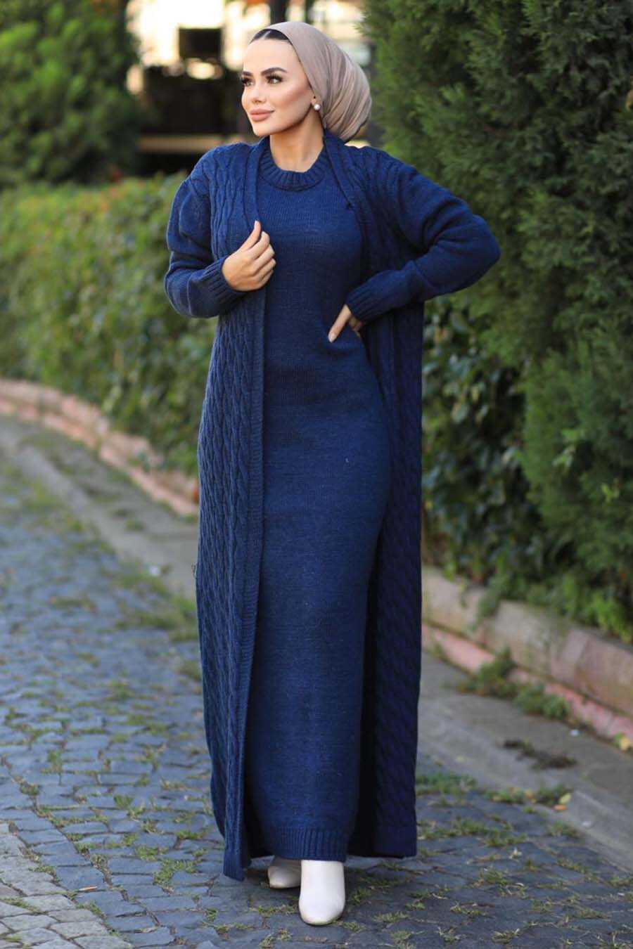 Navy Blue Hijab Knitwear Suit 15020L - Neva-style.com