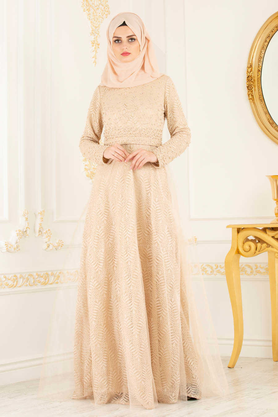 Neva Style - Beige Hijab Evening Dress 3290BEJ - Neva-style.com