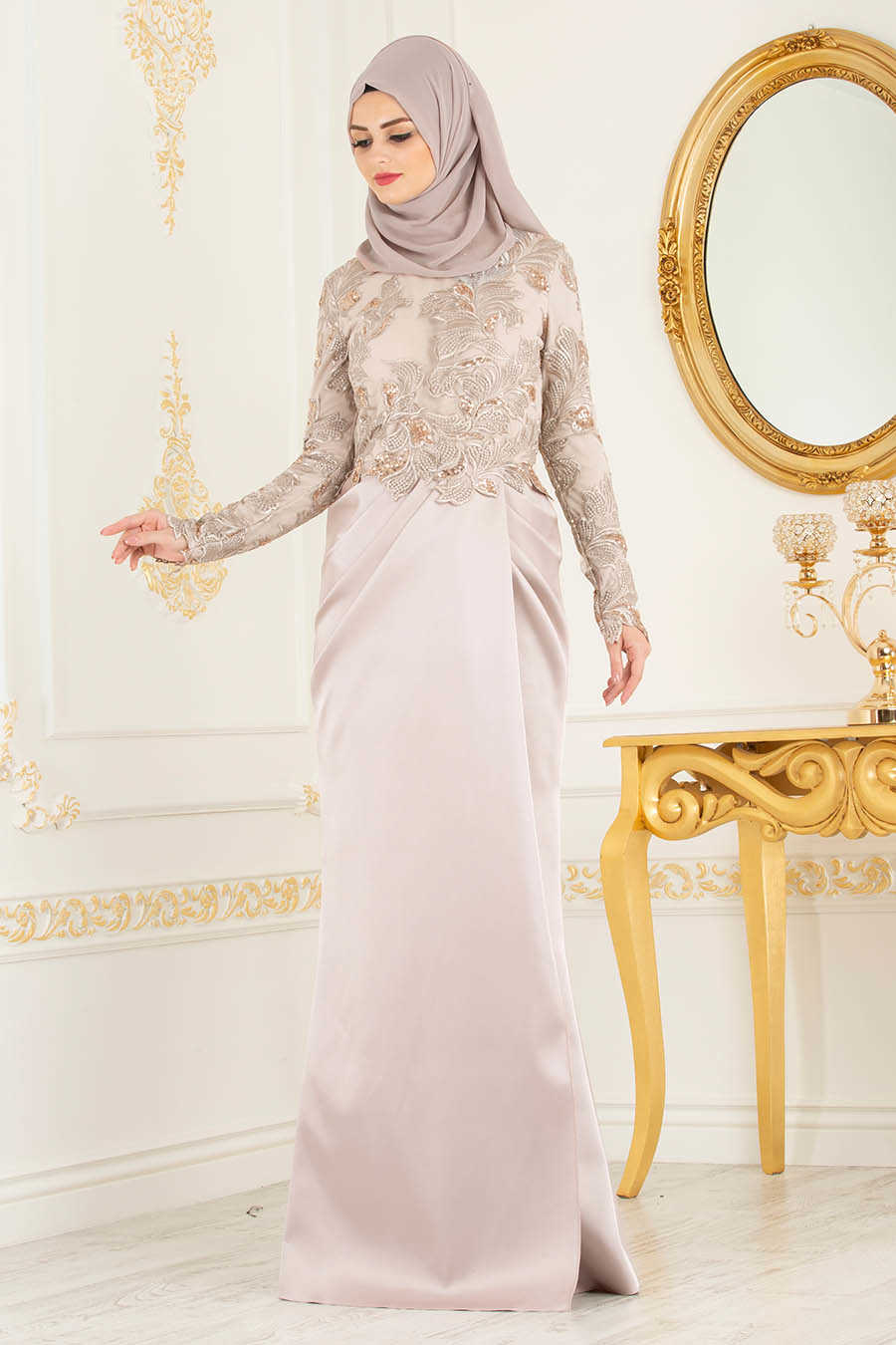 Neva Style - Beige Hijab Evening Dress 4602BEJ - Neva-style.com