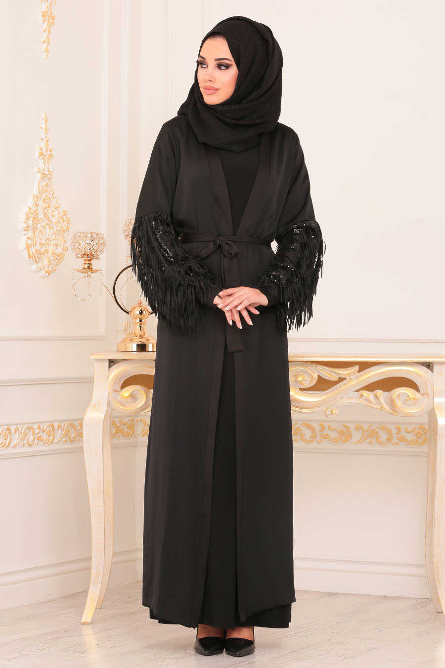 Püsküllü Siyah Tesettür Abaya 8936S - Neva-style.com