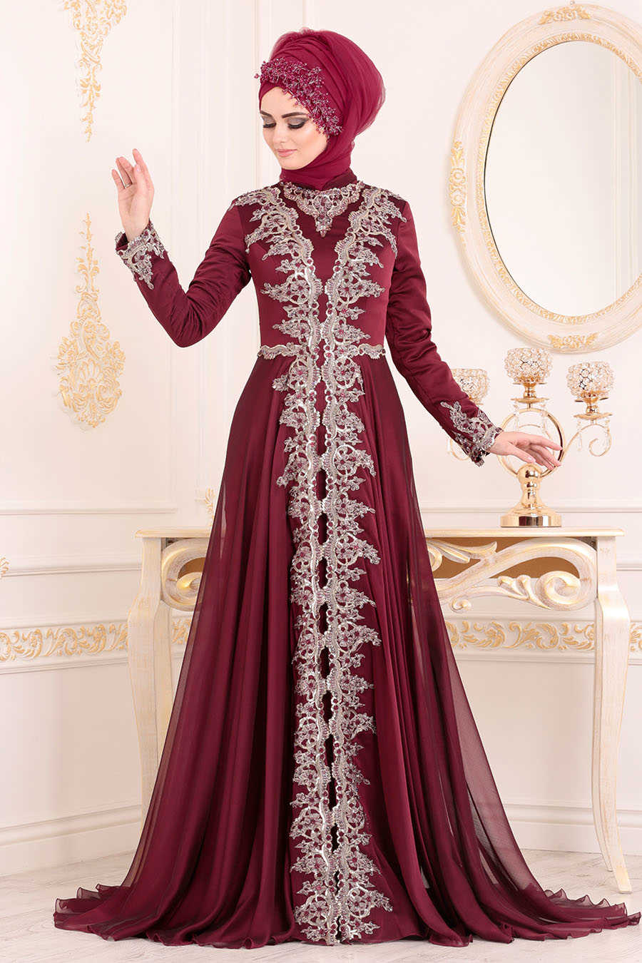 Aplikeli Bordo Tesettür Abiye Elbise 1901BR - Neva-style.com