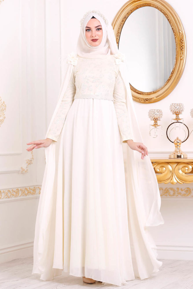 Neva Style - Ecru Hijab Evening Dress 3285E - Neva-style.com