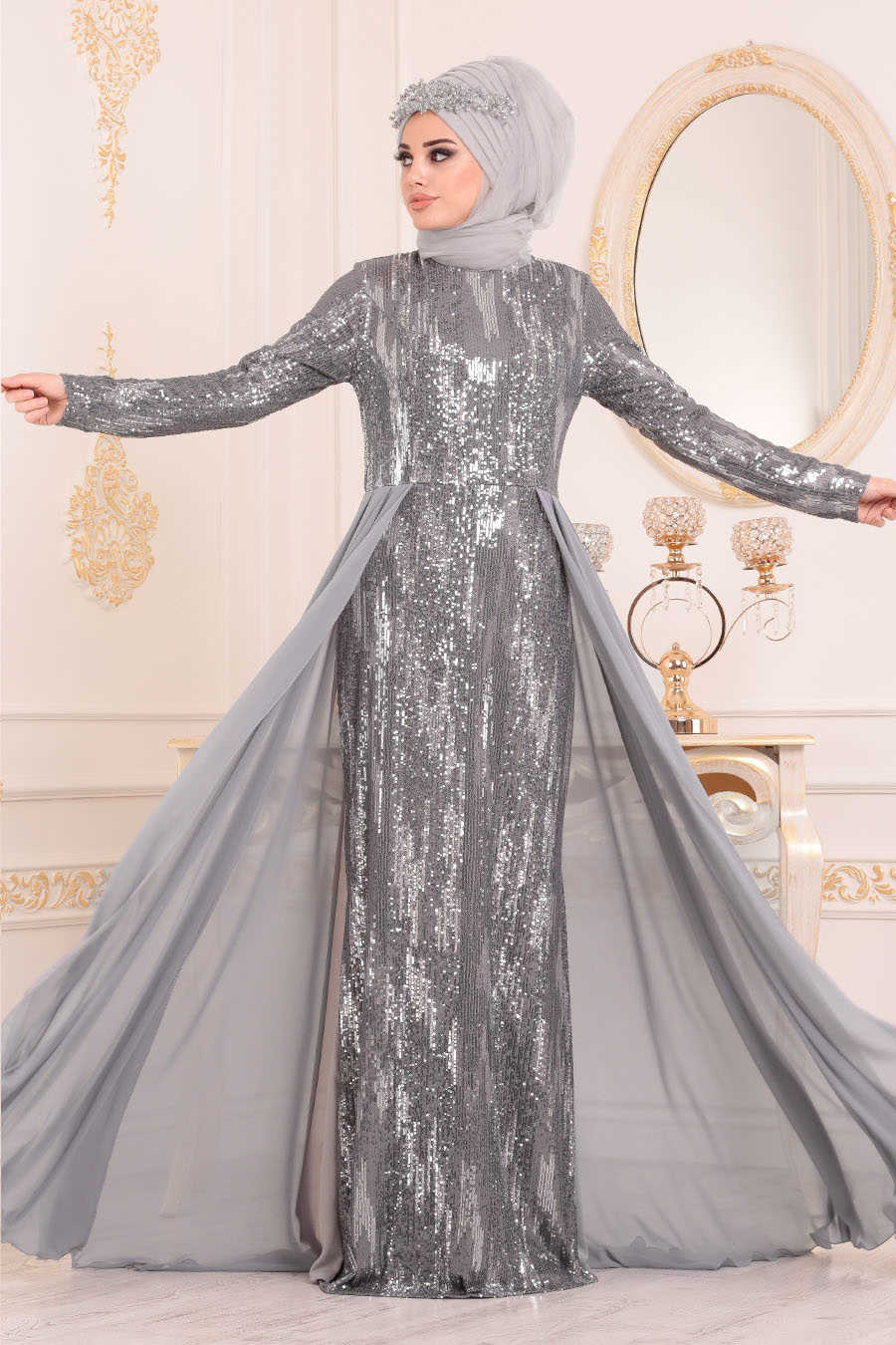 Pul Payetli Gri Tesettür Abiye Elbise 25740GR - Neva-style.com