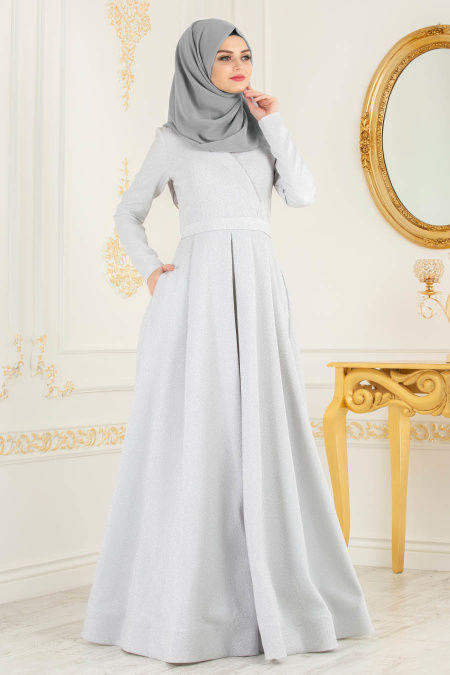 Neva Style - Grey Hijab Evening Dress 4580GR - Neva-style.com