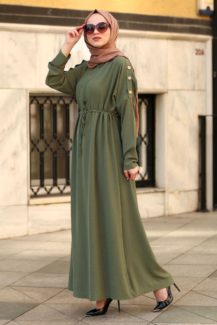 Neva Style - Khaki Hijab Dress 8021HK - Neva-style.com