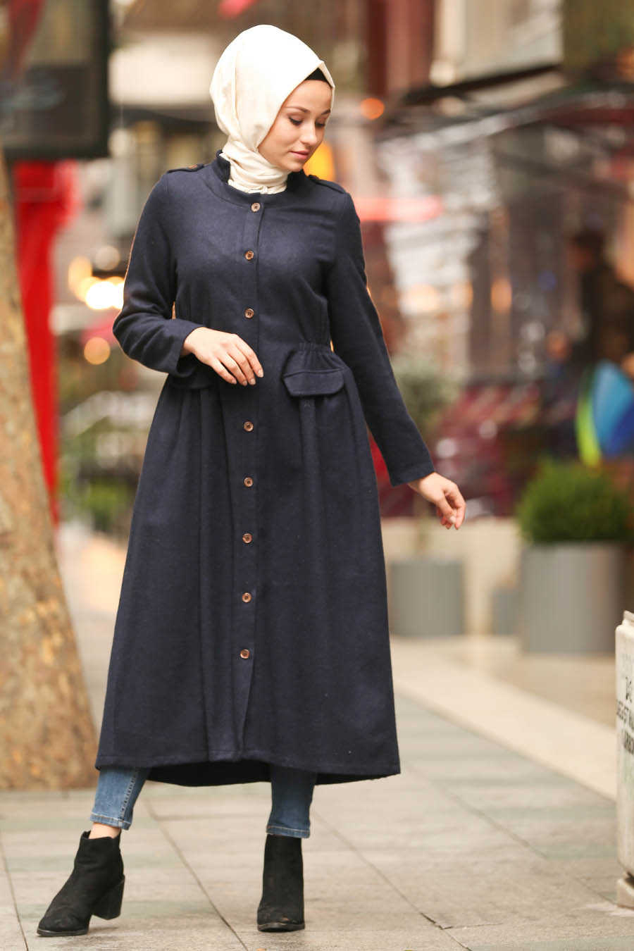 Neva Style - Navy Blue Hijab Coat 24520L - Neva-style.com