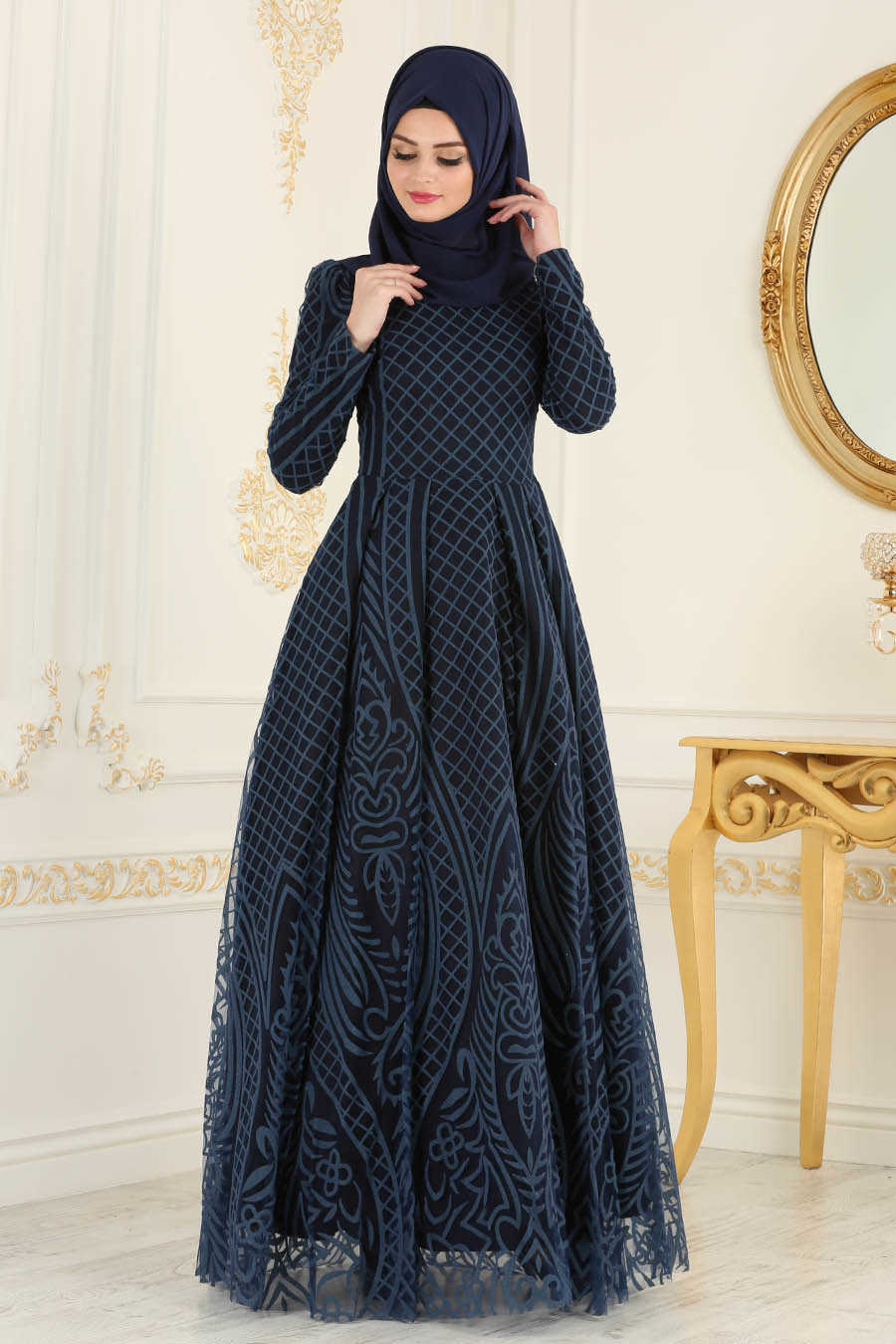 Neva Style - Navy Blue Hijab Evening Dress 3719L - Neva-style.com