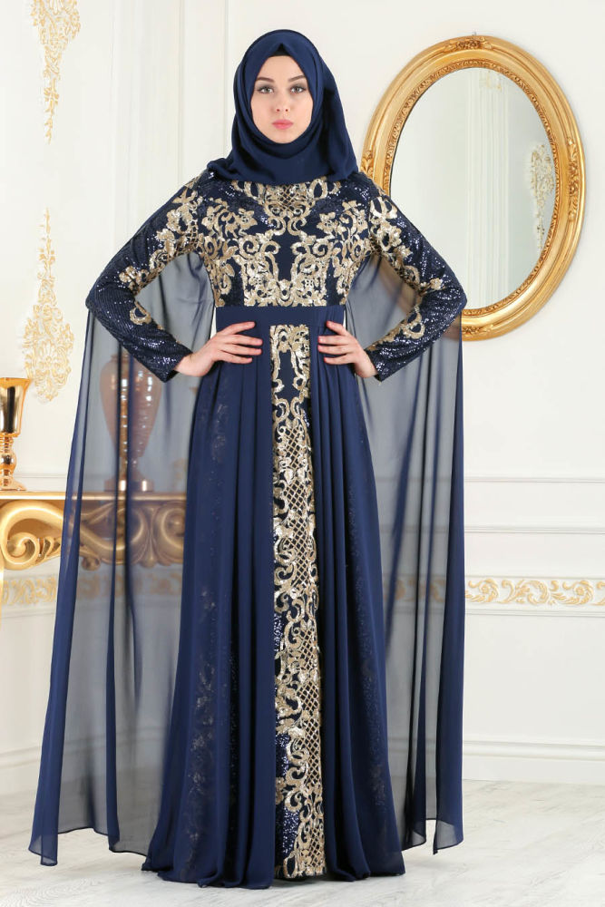 Neva Style - Navy Blue Hijab Evening Dress 8078L - Neva-style.com