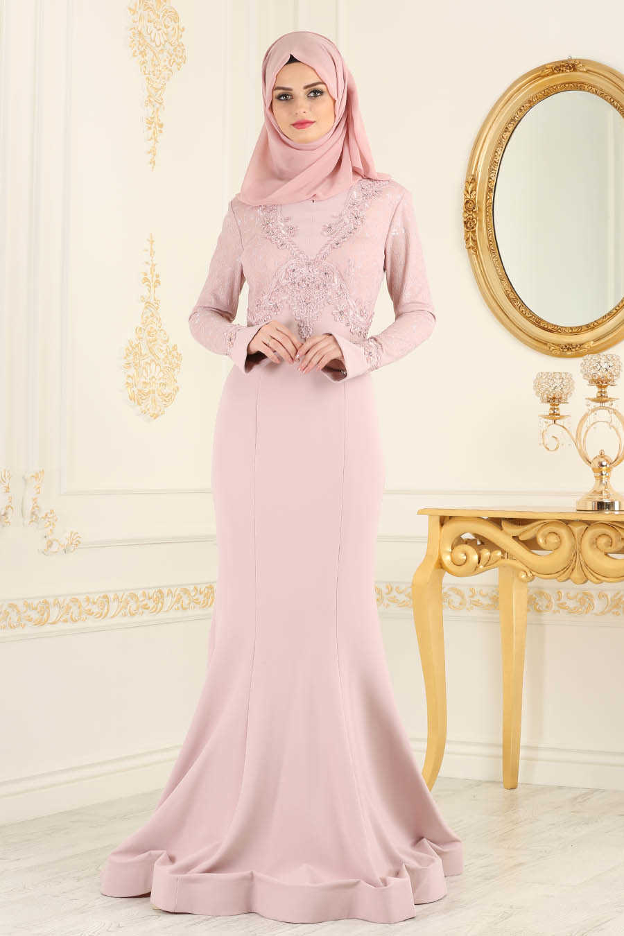 Neva Style - Powder Pink Hijab Evening Dress 4568PD - Neva-style.com