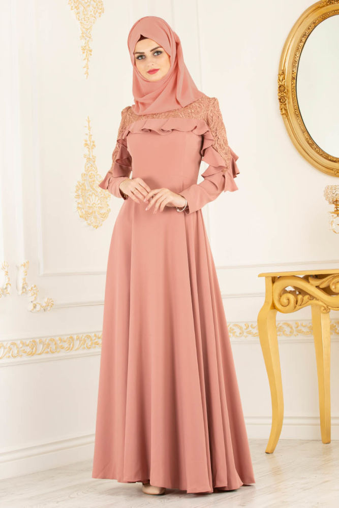 Neva Style - Salmon Pink Hijab Evening Dress 3746SMN - Neva-style.com