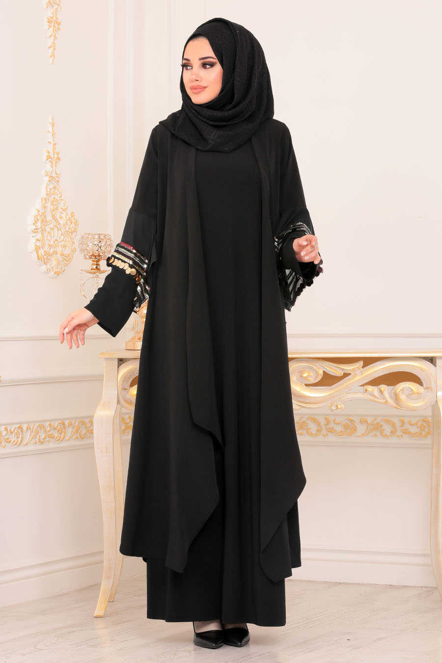 Pul Detaylı Siyah Tesettür Abaya 8891S - Neva-style.com