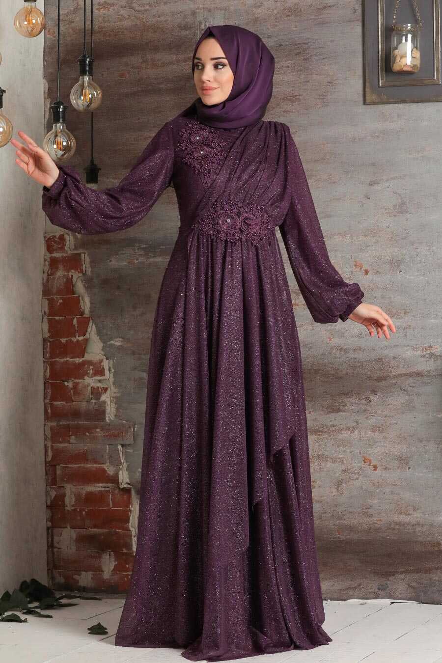 Purple Hijab Evening Dress 3498MOR - Neva-style.com