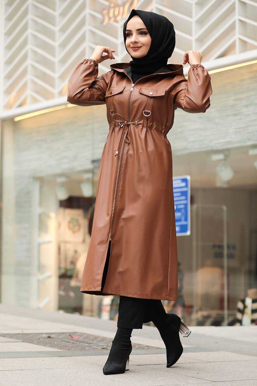 Sunuff Colored Hijab Leather Coat 1329TB - Neva-style.com