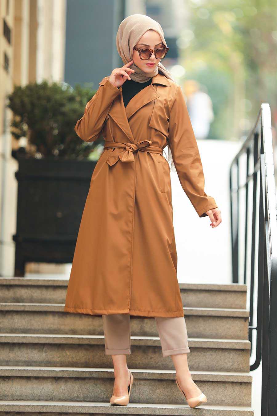 Sunuff Colored Hijab Trench Coat 51650TB - Neva-style.com