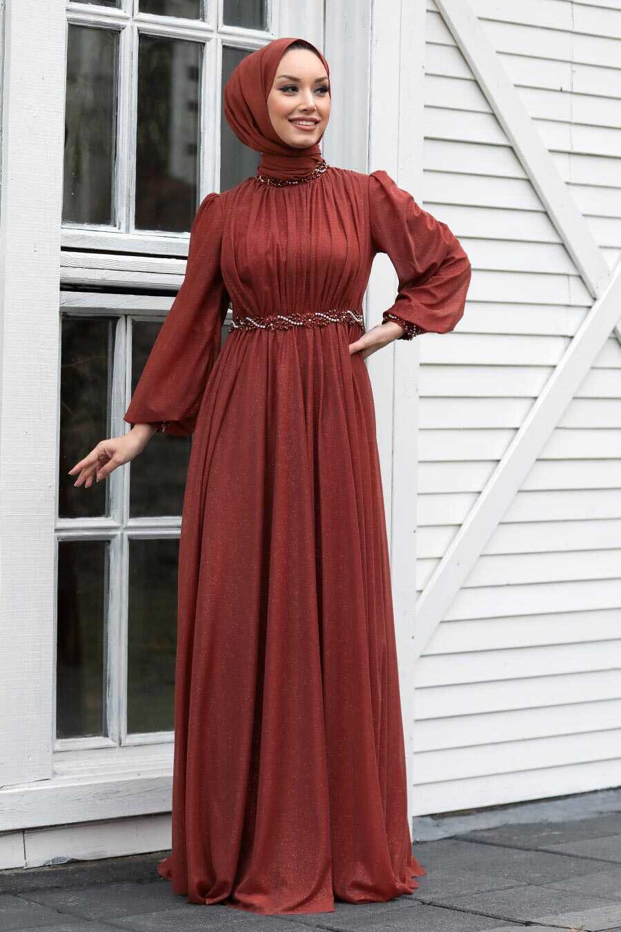 Terra Cotta Hijab Evening Dress 21680KRMT - Neva-style.com