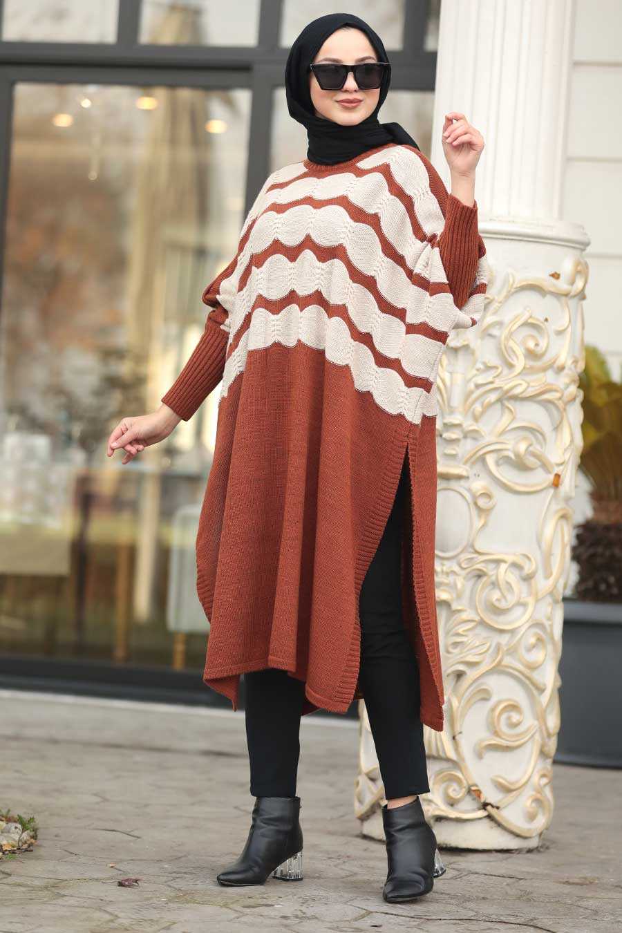 Terra Cotta Hijab Knitwear Poncho 15653KRMT - Neva-style.com